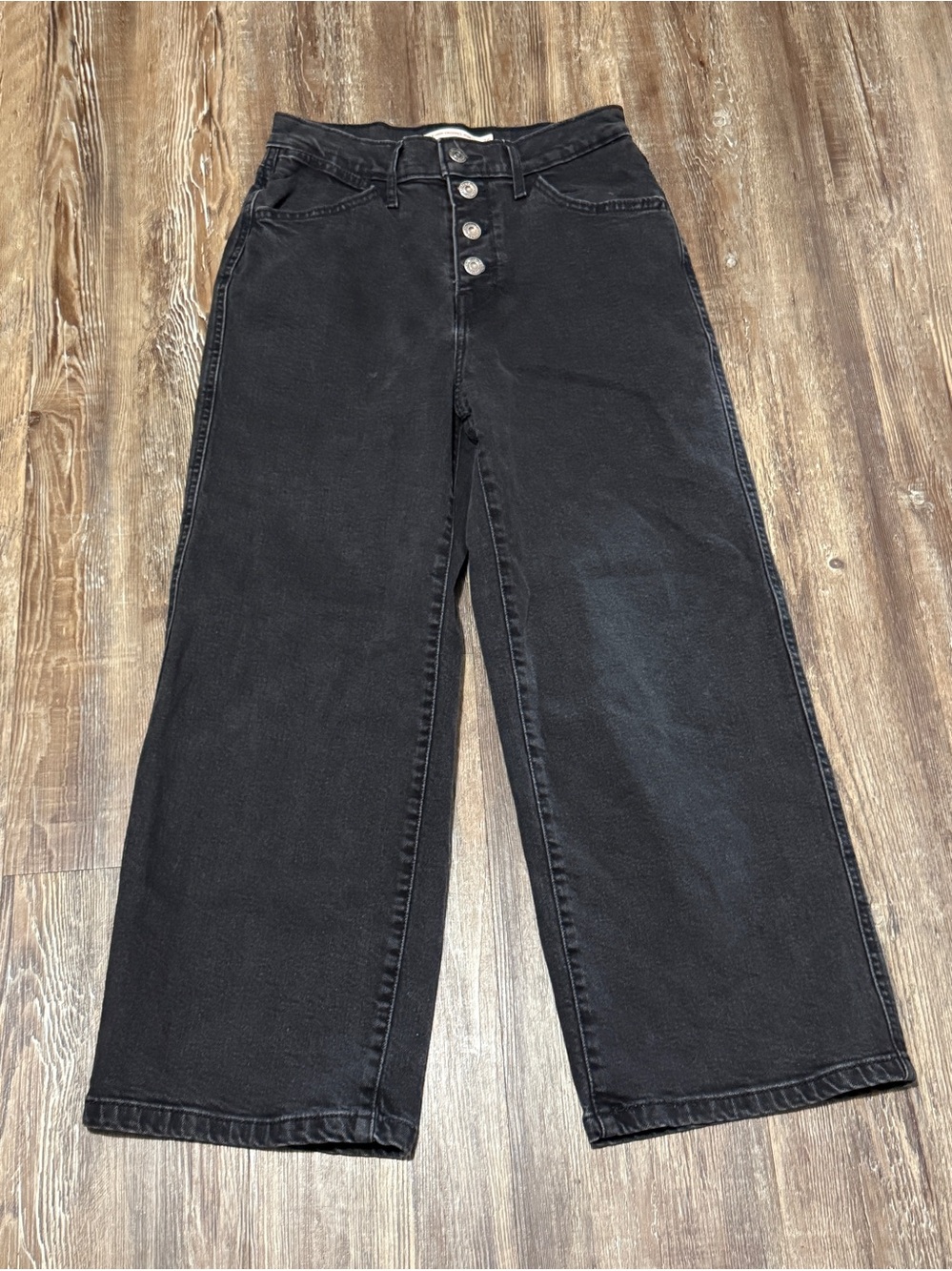 Levi's Mile High Cropped Wide Leg Jeans Women's 26 Exposed Button Fly in Black